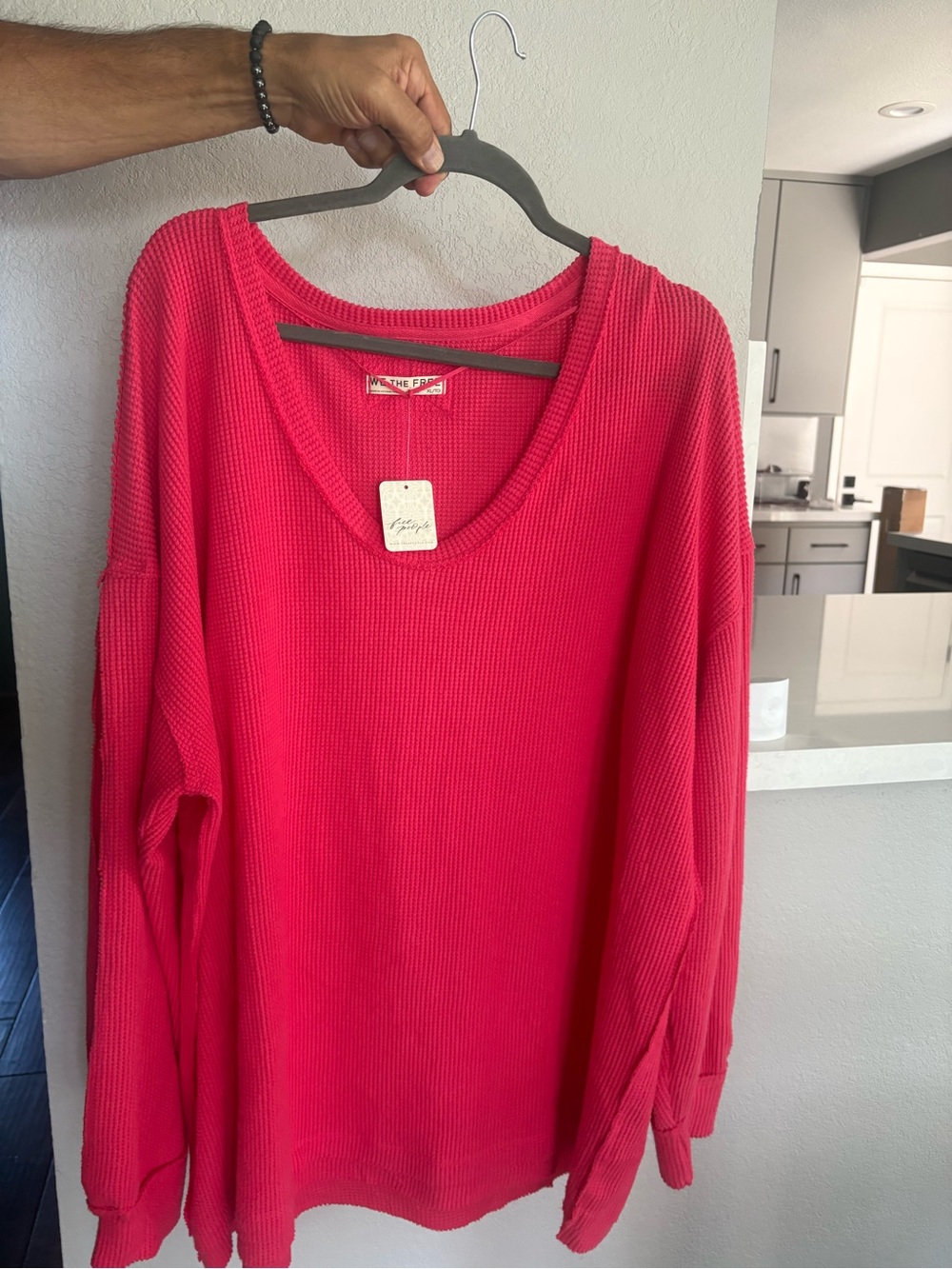We The Free Relaxed V-Neck Waffle Long Sleeve Top - Hot Pink